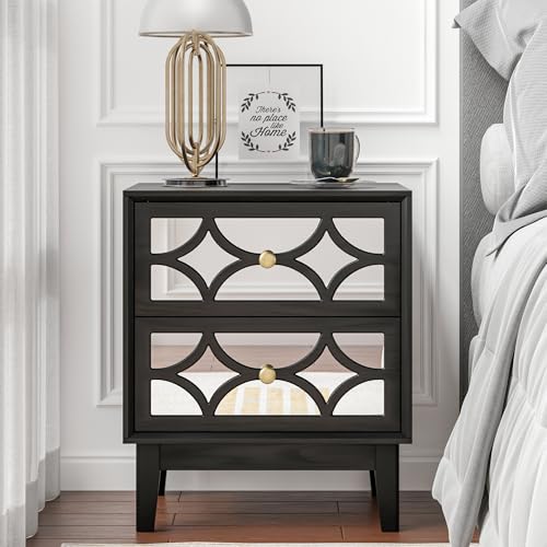 COZAYH Modern 2 Drawer Nightstand with Mirrored Fronts Elegant Geometric Pattern Bedside Table for Bedroom Black