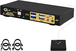 CKLau 2 Port 8K60Hz 4K144Hz HDMI KVM Switch with Cables, Audio, Microphone, and 2 pcs USB 3.0 Peripheral Hub for Keyboard Mouse 2 Computers Sharing One Monitor