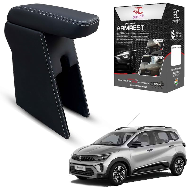 Image of Carigiri Premium Finish Car Armrest with Storage Box And High Density Moulded Foam For Renault Triber (All Models,Nappa Leatherette)(Models- 2025) (Without One-Touch Lock, White Seam)