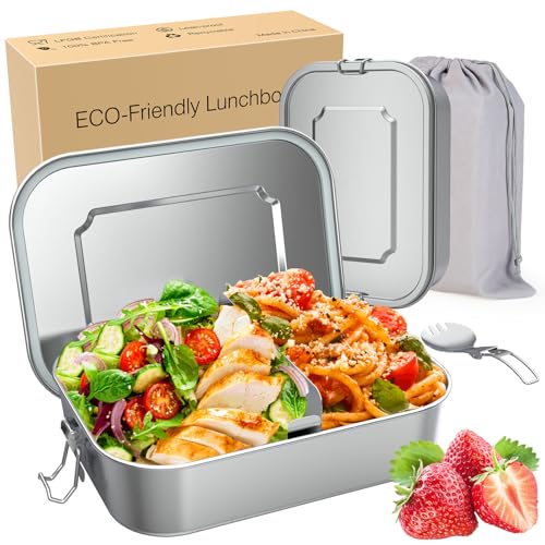 AZHE Brotdose Edelstahl mit Fächern, Lunchbox Auslaufsicher 1200ml, Brotzeitdose mit Trennwänd, Brotdosen Metall für Erwachsene & Kinder