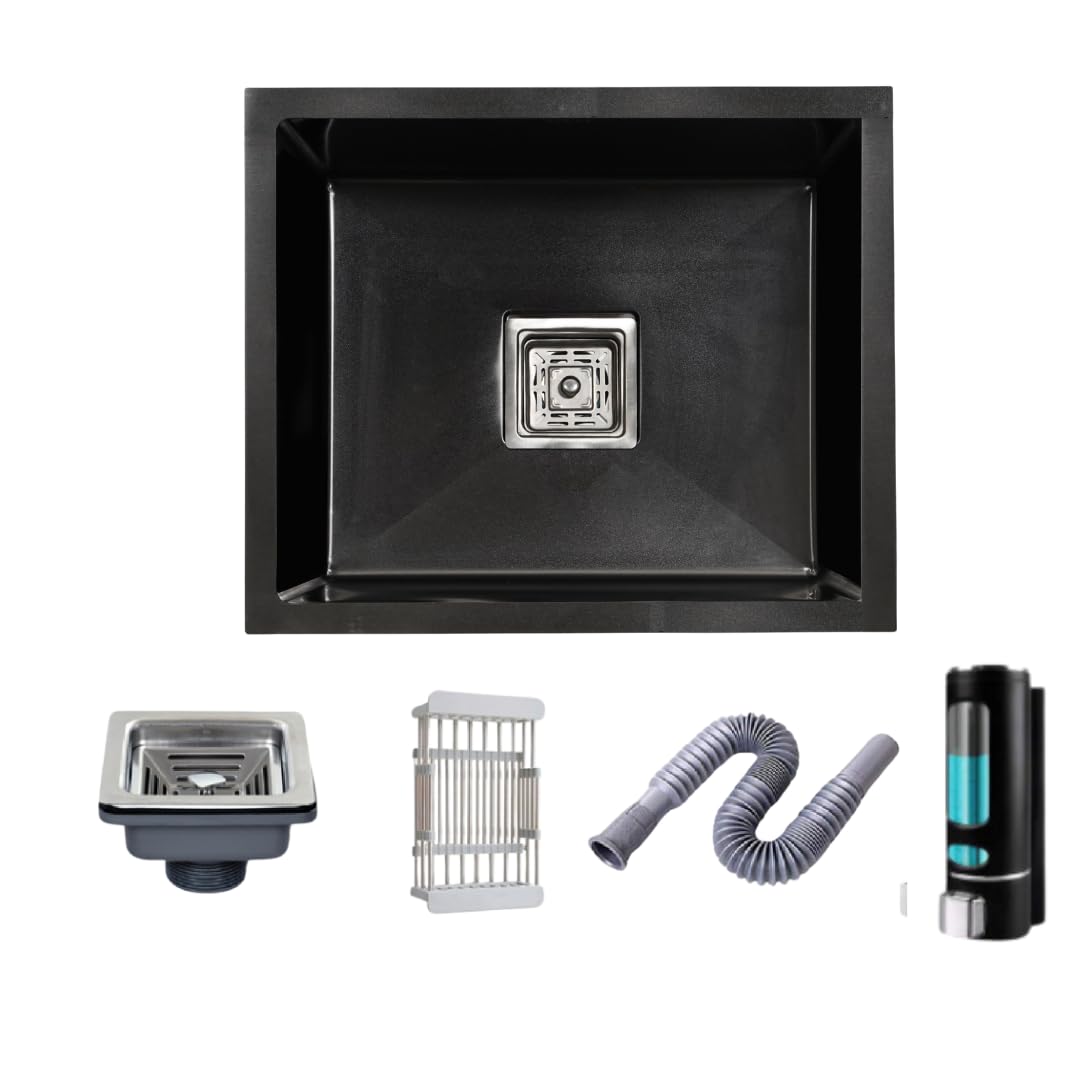 Handmade Kitchen Sink With Vegetable Wash Basket And Soap Dispenser | 20” x 17" x 10" Matt Finish | Single Bowl | Heavy duty Stainless Steel Sink | Vessel Sink (Black)