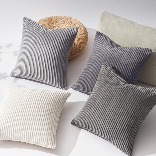 Image of Topfinel 55x55cm Gray Set of 4 Corduroy Pillow Covers Cushion Cover Decorative Cushion Cover Sofa Cushion Deco for Sofa Bedroom Living Room Balcony Children Gradient