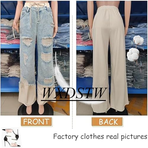 Women's Denim Trousers with Stitching and Ripped Design Casual High Waisted Drawstring Baggy Patchwork Wide Leg Jeans4