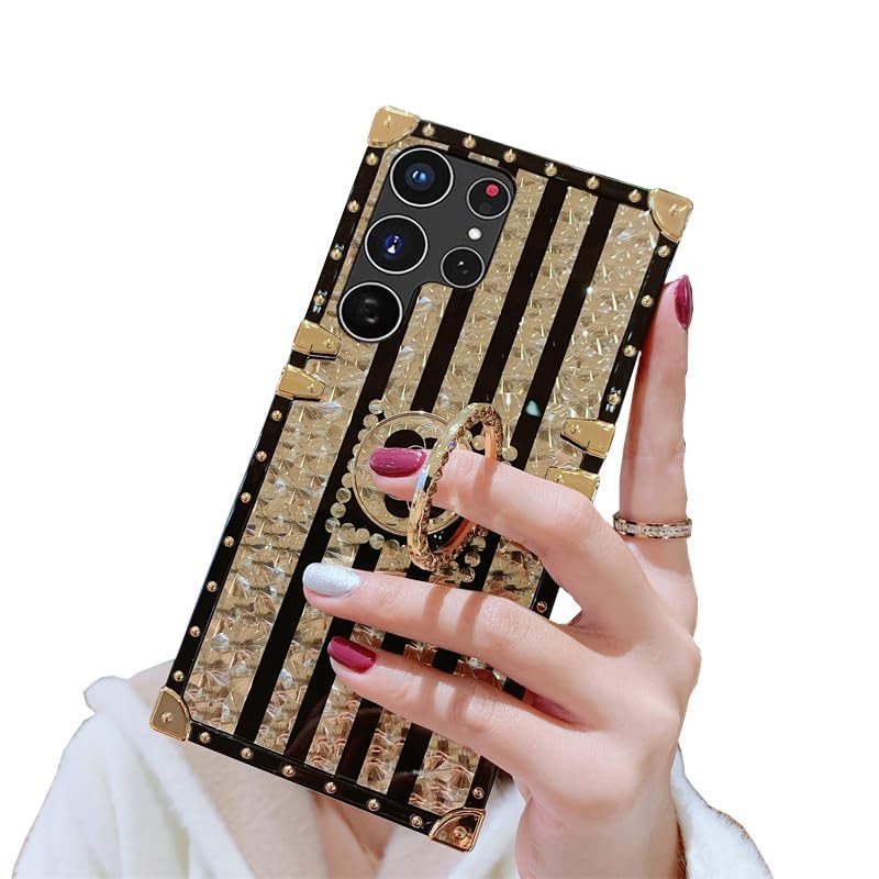 Image of for Samsung Galaxy S23 Ultra 5G Trunk Case Luxury Box for Women Girls Design Gold Glitter Bling Cute Flower Pattern Soft Cover with Finger Ring Grip Kickstand Fancy Phone Skin,Gold