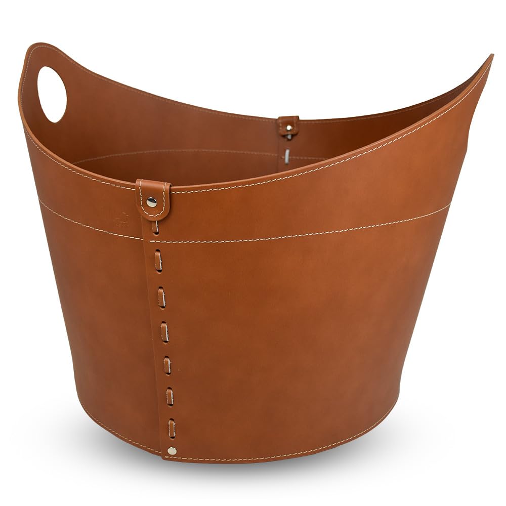 LIMAC Design CADIN portalegna in cuoio, borsa porta legna da interno, cesto per legna da ardere, con ruote gommate, lavorazione artigianale, prodotto in Italia. Marrone
