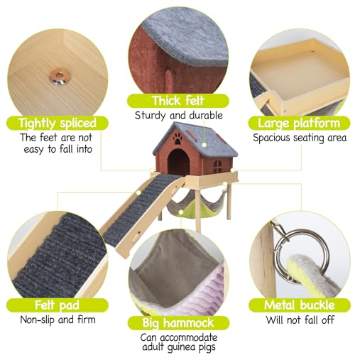 BESNEW 3 in 1 Enlarged Guinea Pig Hammock,Wooden Guinea Pig Hideout with House & Platform & Stairs Small Animal Toys for Hiding Sleeping Activities — view 5