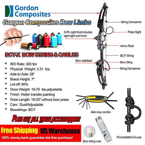 Compound Bow Ship from USA Warehouse,Topoint Archery Package,M1,19”-30” Draw Length,19-70Lbs Draw Weight,320fps IBO Limbs Made in USA (Forest camo) - Thumbnail 4