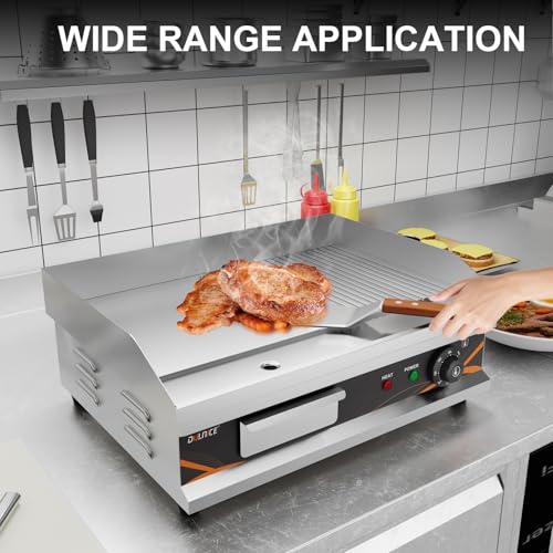 DULNICE Kommerzieller Grillplatte Elektrisch 3000W, 54cm Elektrogrill Gerillt & Flache Oberseite Edelstahl Elektrische Grillplatte Heiße Platte BBQ Grill Temperaturbereich 50-300°C