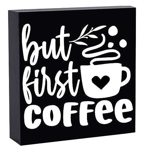 Coffee Bar Decor, But First Coffee Sign, Wood Box Sign for Rustic Farmhouse Kitchen Tiered Tray Decor, Bar Accessories Station Decorations