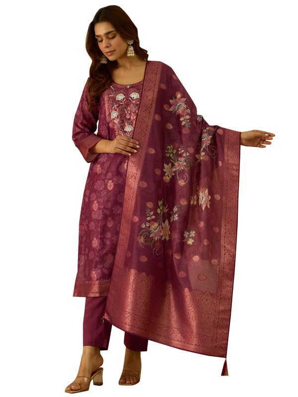 Image of VredeVogel Women's Embroidered Chanderi Silk Jacquard Straight Kurta Pant Set with Dupatta | Perfect for Festive & Casual Ethnic Wear Kurta Set