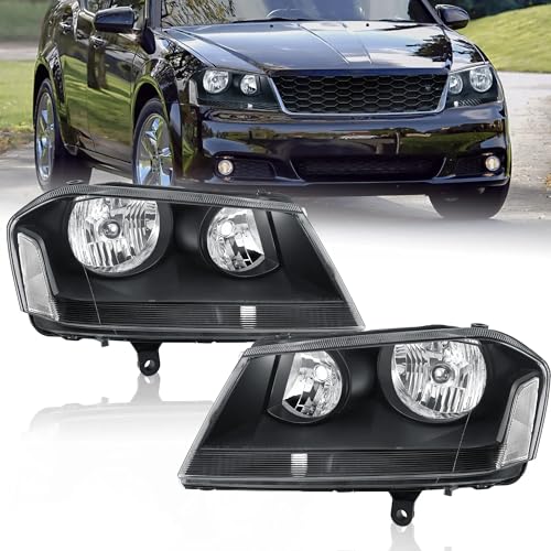MOSTPLUS Pair Headlight Assembly Compatible with 2008-2014 Dodge Avenger Headlights Headlamp with Black Housing Clear lens Clear Corner
