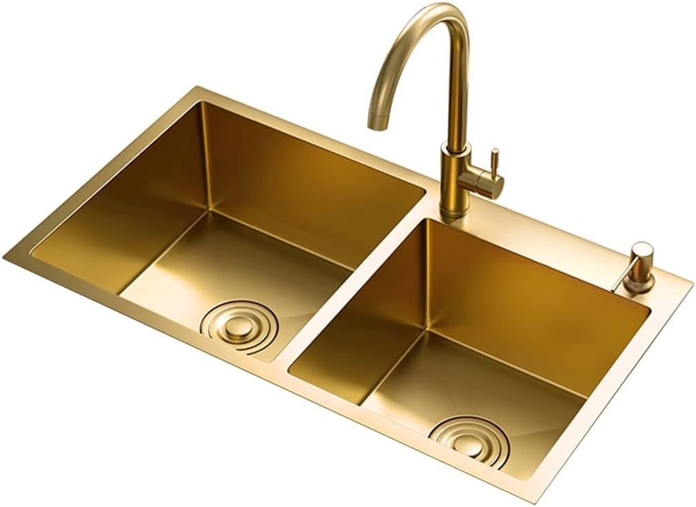 Large Gold Double Bowl Bar Prep Sink Home 304 Stainless Steel Kitchen Sink RV Sink Drop-in Or Undermount (Color : Gold-1, Size : 80x45x22cm) (Gold3 82x45x22cm)