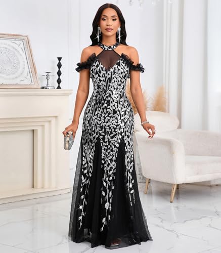 Image of Cololura Women Sexy Sequin Halter Neck Short Sleeve Mesh Perspective Party Bodycon Evening Cocktail Maxi Dress