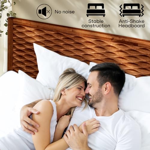 Image of Acacia Elara King Platform Bed Frame - Solid Wood Mid-Century Modern Bed with Headboard, Spearhead Grain, Walnut Finish, 800lbs Support, No Box Spring, Easy Assembly with Tools