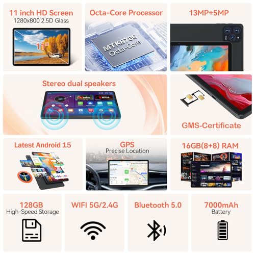 Image of 2026 11 Inch Tablet Android 15 Tablets with Octa Core Processor 16GB RAM 128GB ROM 1TB Expand Tablet with 7000mAh Battery, 21MP Camera, FHD Screen, GPS, 5G WiFi+2.4G WiFi, Deal Speaker, BT 5.0