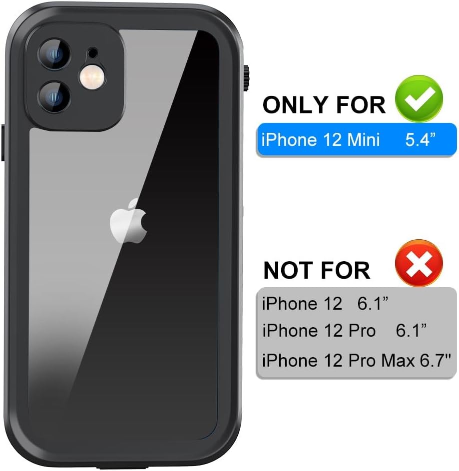 Waterproof Case for iPhone 12 Mini, IP68 Full Coverage Protective Waterproof/Shockproof/Dustproof Phone Case with Built-in Screen Protector for Apple iPhone 12mini 5.4 Inch(Black) - Image 2