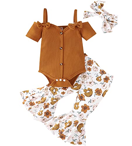 Image of 3pcs Toddler Girls Summer Outfits Ribbed Halter Crop Top Romper Bodysuit +Floral Flared Pants+Headband Clothes Set