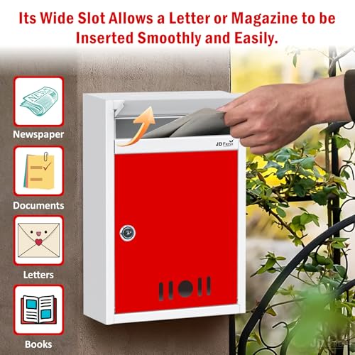 Image of JD FRESH Wall Mount A4 Size Letter Box /Mail Box /Suggestion Box /Complaint Box for Office /Post Box for Home gate with Clear Window View & Secure Key Lock - (Red & Ivory)