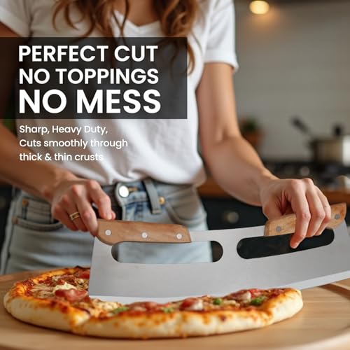 SCHVUBENR 14\'\' Pizza Cutter Rocker with Wooden Handles - Sharp Stainless Steel Pizza Slicer with Protective Cover - Large Pizza Knife Cutter Wheel - Easy to Use & Clean - Slice Pizza with Ease