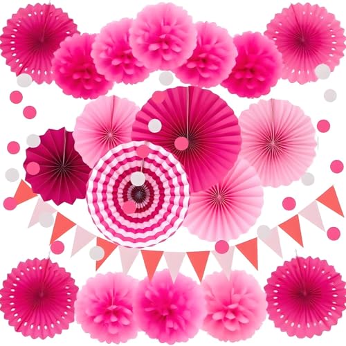 Image of XIKSXITN 12 pc Pink Tissue Paper Pom poms in 3 Colors-Hanging Paper Pom Poms Paper Flowers Ball for Party Decor