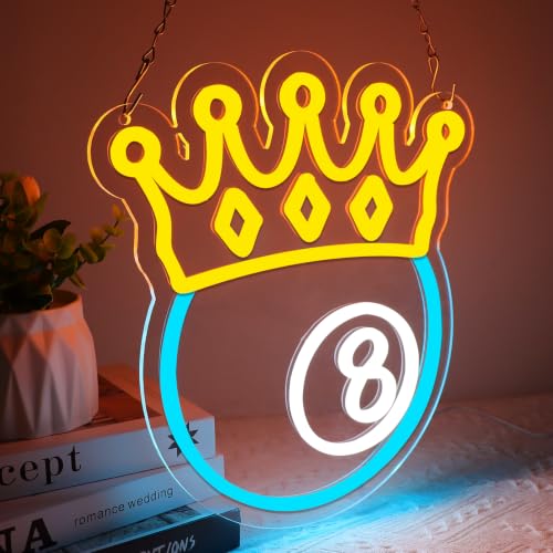 Image of Crown Black Eight Billiards Neon Signs for Wall Decor Led Lights Suitable for Bedroom Man Cave Bar Pub Restaurant Christmas Gift Art