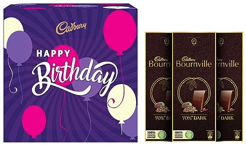 Image of Cadbury Birthday Celebrations Box, 430g & Bournville Rich Cocoa 70% Dark Chocolate Bar, 3 x 80 g