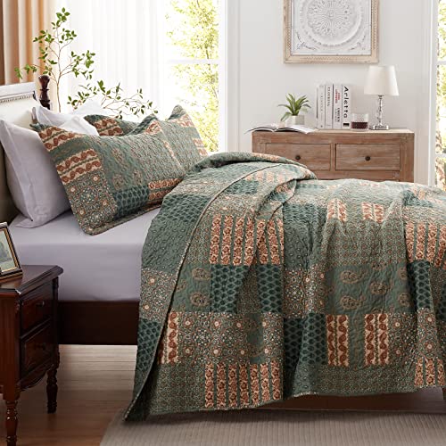 Leaonme Quilt Set Full/Queen Size 3 Piece Bedspread Coverlet Lightweight Comforter Microfiber Bedding Set All Season Oversized 90X98 Inch Bed Cover Floral Paisley Olive Green(1 Quilt,2 Pillow Shams) #TOP2