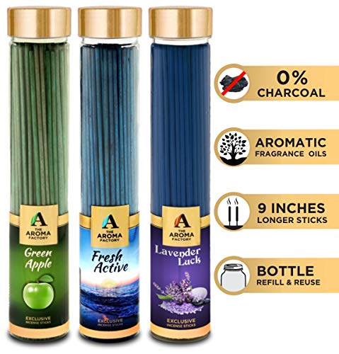 Image of The Aroma Factory Green Apple,Fresh Active & Lavender Agarbatti for Pooja,Luxury Incense Sticks,100% Herbal Fragrance Agarbathi (Bottle Pack of 3x100g)