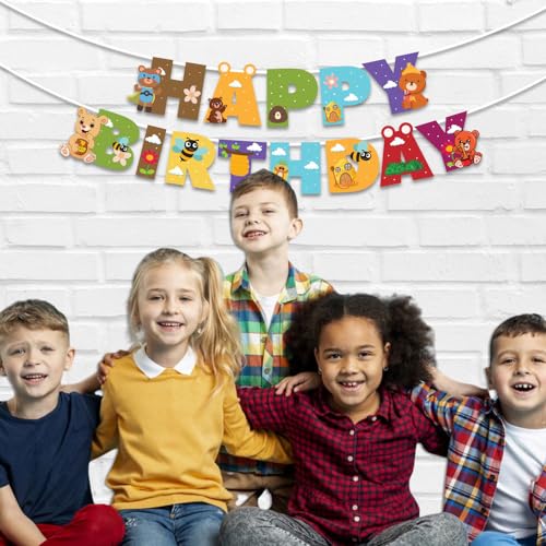 Image of Festiko Bear Theme Happy Birthday Banner With Ribbon, Hanging Decoration Supplies, Bear theme birthday decorations