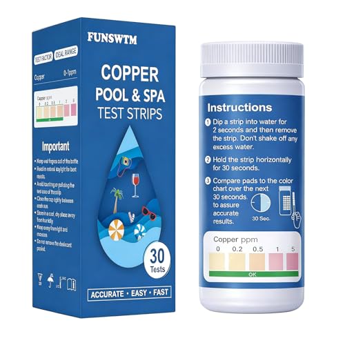 Copper Test Strips for Pool: 30 Counts Pool Copper Test Kit for Swimming Pool Hot Tub and Spa - Accurate Metal Test Kit for Above-Ground & Inground Pools - Measures Copper Level 0-2 ppm