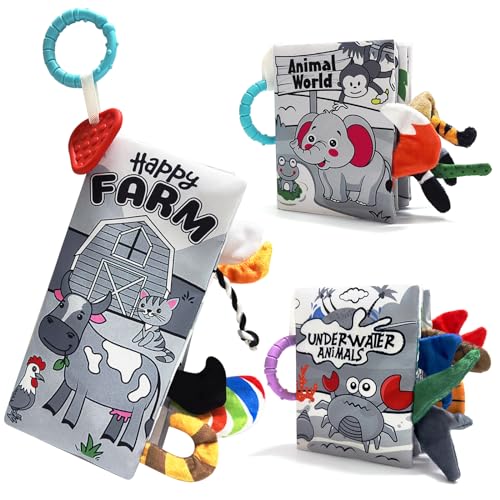 Image of DONGTOIZ Soft Cloth Baby Books 0-6 Months 3 Pcs High Contrast Baby Toys for Newborn Crinkle Books for Babies Touch and Feel Cloth Books Infant Sensory Stroller Toys 0-3-6 Months Baby Gifts