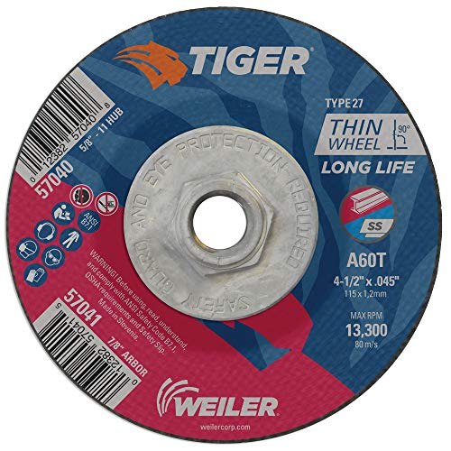 Image of Weiler 57040 4-1 /2 Inch Cutting Wheel, Tiger AO Steel /Metal Long Life Performance Cutting, .045 inch A60T Type 27 5 /8 inch-11 Hub, Pack of 10
