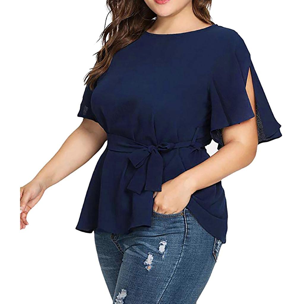 Damska koszulka na lato, na lato, na co dzień, z krótkim rękawem, koszulka typu henley, basic, luźna, tunika, bluzka, eleganckie koszule, niebieski, 3XL