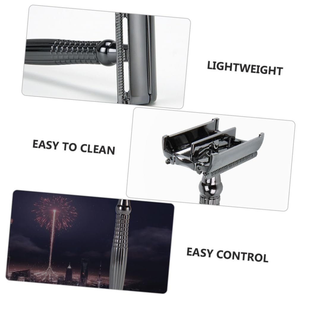 Manual Double-edged Razor with Extended Handle and Stand Alloy Safety Shaver for Men Beard and Body Hair Shaving Tool with Textured Grip for Precise Smooth Shave at Home and