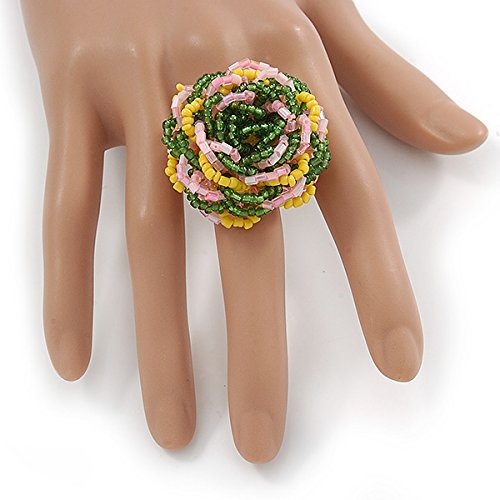 Bague élastique fleur 35 mm en perles de verre artisanales jaune rose vert de qualité