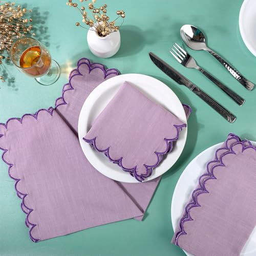 Image of FINGERCRAFT Scallop Edge Cloth Napkins | Set of 6 | 20x20 Inches | 100% Cotton | Table Napkins for Any Occasion | Washable, Perfect for Parties and Everyday Use (Lavender Slub, Set of 6)