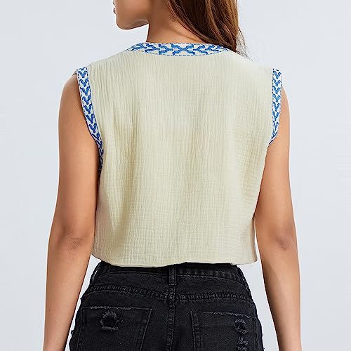 Image of Women Vintage Floral Embroidered Vest Y2K Sleeveless Open Front Cardigan Boho Linen Cropped Waistcoat