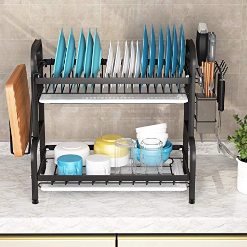 Dish Drying Rack, 1Easylife 2-Tier Compact Kitchen Dish Rack Drainboard Set, Large Rust-Proof Dish Drainer with Utensil Holder, Cutting Board Holder for Kitchen Counter Tableware Organizer Space Saver - Thumbnail 5