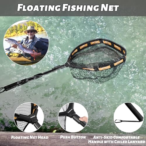 Image of PLUSINNO Fishing Net Fish Floating Landing Net, Kayak Nets with Fixed Foldable Telescopic Pole Handle, Bass Trout Fishing Nets with Nylon Mesh for Pond Lake River, Fishing Gear Gifts for Men Anglers