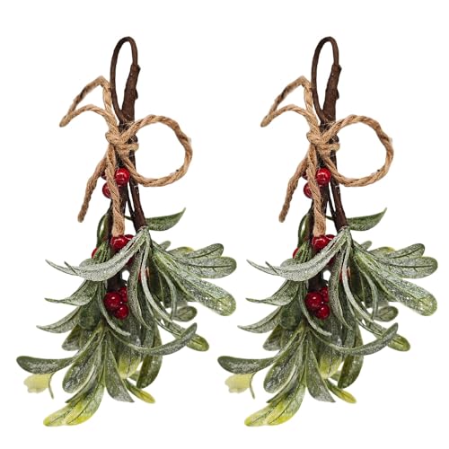 2 Stück Weihnachts Mistelzweig Dekoration Künstliche Mistelzweige mit Roten Beeren 23cm Romantischer Kuss unter dem Mistel
