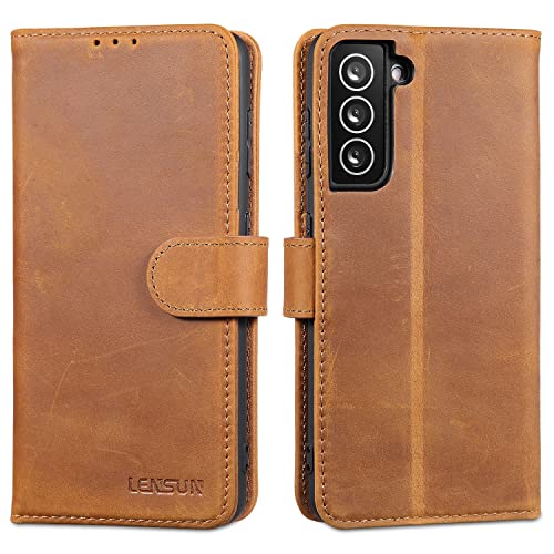 Lensun Cover per Samsung Galaxy S21, Custodia in Vera Pelle [RFID Blocking] Libro con Portafoglio Chiusura Magnetico Flip Custodie Cuoio per Telefono Samsung S21 5G – Marrone retrò