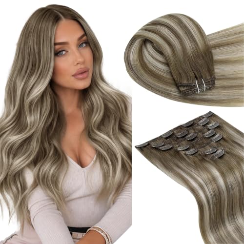 Image of LaaVoo Hair Extensions Clip Ins, For Wedding, 16 Inch | Light Brown Fading Into Platinum Blonde Ombre, 120g 7pcs, Clip On Extensions Human Hair, Silky, Seamless