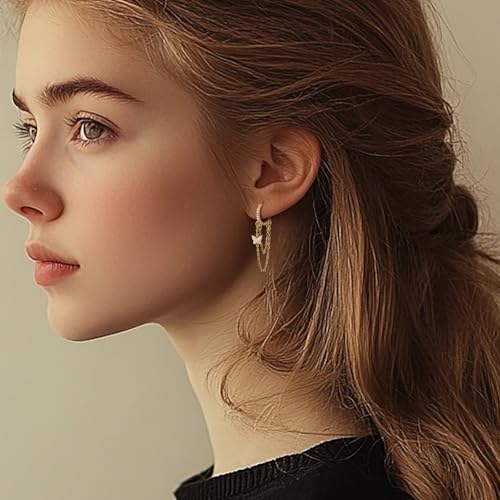 Gold Butterfly Earrings 14K Gold Hoop Earrings for Women Dangle Hoop Earring Tassel Chain and Cubic Zircon Wedding Butterfly Earring for Women3