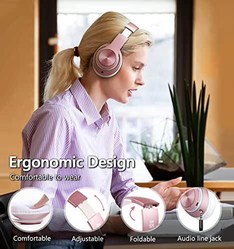 Image of 9S Over Ear Bluetooth Headphones, 60 Hours Playtime, Hi-Fi Stereo, Deep Bass, Microphone, Foldable, Rose Gold