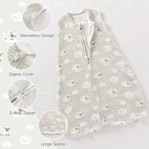 Image of PHF Soft Muslin Cotton Baby Sleep Sack 0-6 Months, 2 Pack 100% Cotton Sleeping Sack for Summer, 0.5 TOG Baby Wearable Blankets with 2-Way Zipper, Sleep Sacks for Girls Newborn, Sheep