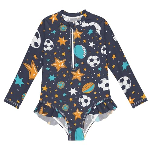 Girls One Piece Swimsuits Long Sleeve Swimsuit Zipper Bathing Suits Ball Star Soccer
