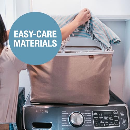 Image of CleverMade Collapsible Laundry Basket LUXE 2 Pack - 60 L (16 Gal) Foldable Cotton Blend Clothes Hamper with Vegan Leather Accents, Reinforced Handles, Space Saving Laundry Bin Holds 55 lbs - Navy