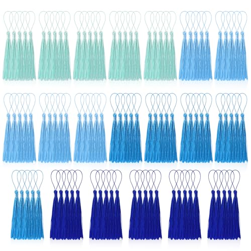 Image of 100 Pcs Bookmark Tassels Bulk Blue Series Soft Craft Silky Handmade Mini Tassels for Jewelry Making with Loops for DIY Craft Accessory Dress Decoration