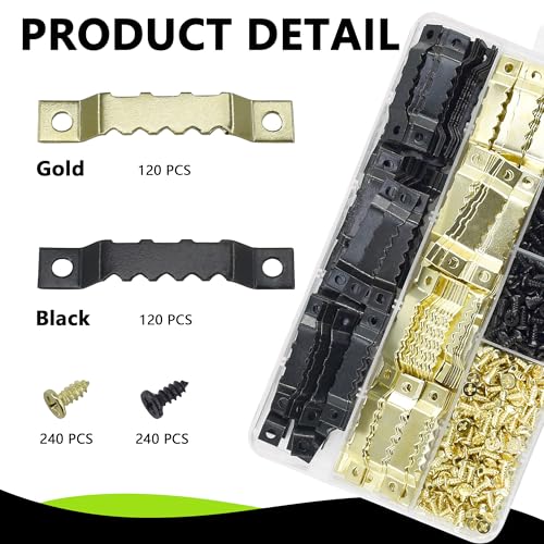 Image of 240Pcs Sawtooth Picture Hangers Metal Central Pressure Groove Black and Gold Zigzag Frame Hanger with Screws for Hanging Heavy Picture Canvas Paintings Photos Frame Board Clock Artwork Clipboard