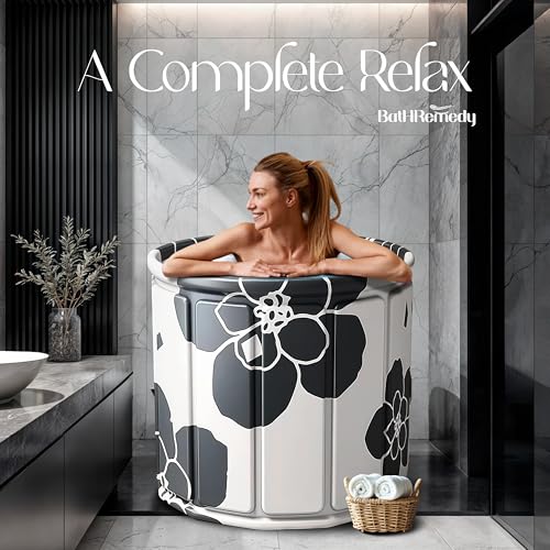 Image of Bath Tub for Adult for Bathroom, Foldable SPA Tub for Home Use with Drainage Hole, Thickened Insulated Ice Bath Tub, Inflatable BathTub for Adults, Ice BathTub for Adults (Black-White)